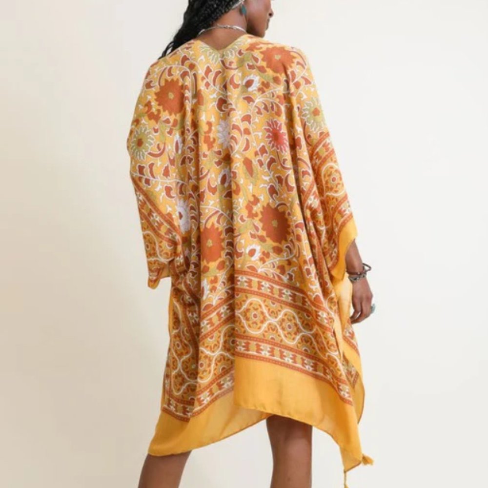 Women's Yellow Floral Pattern Moroccan Tassel Boho Kimono Cover Up One Size - Picture 2 of 5